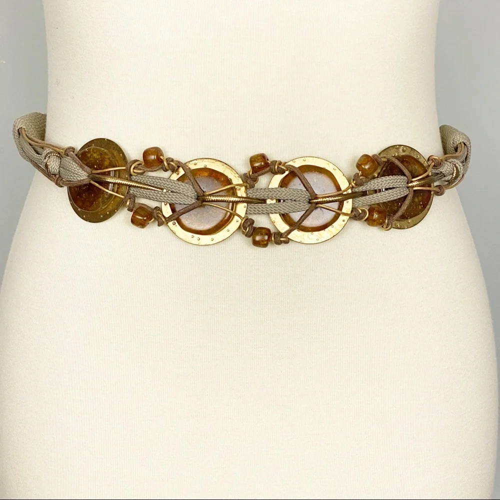 Gold-Plated Taupe Chunky Cord Belt With Glass Beading
